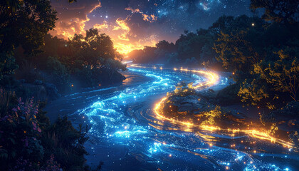 Enchanted River of Starlight, A Luminous River Flows Through a Forest at Sunset Under a Starry Sky