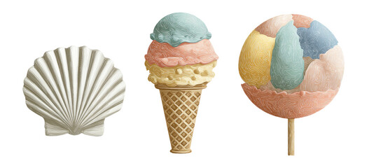 Detailed Ice Cream and Shell Illustrations with Unique Textures and Colors