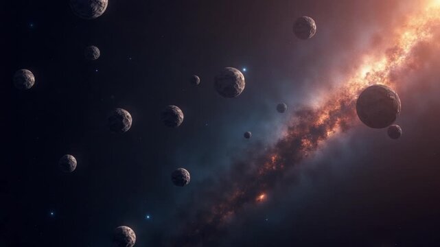 Many big asteroids in space, vertical