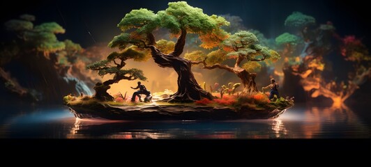 Tiny figures from life banyan bonsai, ai generative