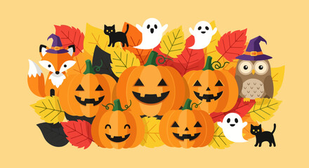 Obraz premium An array of festive halloween icons featuring pumpkins, ghosts, a fox, an owl, cats, and autumn leaves for seasonal decoration and greeting cards