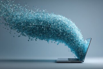 A laptop releasing a vibrant flow of blue particles, symbolizing creativity and innovation