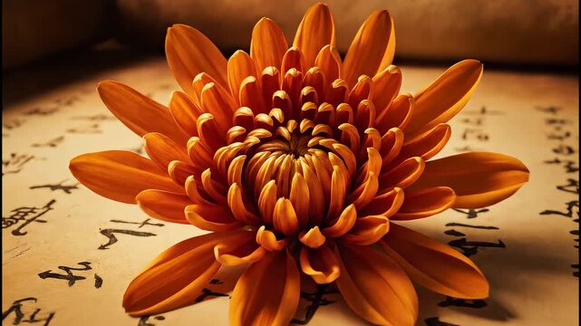 Orange Flower on Ancient Scroll with Mysterious Text in Background