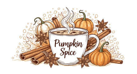 An illustration of a cozy pumpkin spice latte with cinnamon sticks, pumpkins, and star anise for seasonal autumnal drink promotions and fall themed designs.