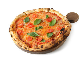 Wooden board with tasty pizza Margarita on white background