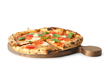 Wooden board with pieces of tasty pizza Margarita on white background