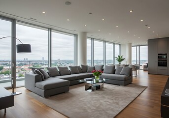 Luxurious modern penthouse apartment living room featuring a stunning city view and sophisticated interior design