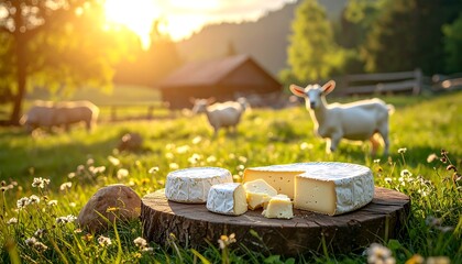 Sunlight bathes various cheeses displayed on a rustic tree stump with grazing goats in a vibrant meadow. A small wooden cabin is in the background