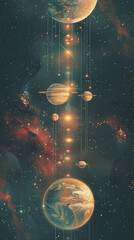 Cosmic Dance: A mesmerizing portrayal of our solar system, where planets align and cosmic dust swirls in a celestial ballet. Captured through an illustrative lens.