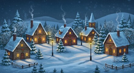 Fototapeta premium A charming winter village nestled in a snowy landscape, with warm, inviting homes and twinkling lights.