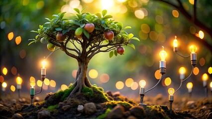 Bonsai Tree with Apples and Light Bulbs cables stock