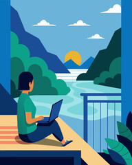 A traveler has set up their laptop on the floor of their private balcony taking advantage of the privacy and stunning river views to get some work done.. Vector illustration