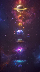 Celestial Alignment: A stunning depiction of the solar system, showcasing each planet in vibrant detail against a backdrop of nebula and starlight.