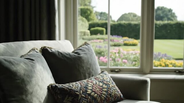 Close up of a decorative embroidered cushion on a sofa with a garden view.