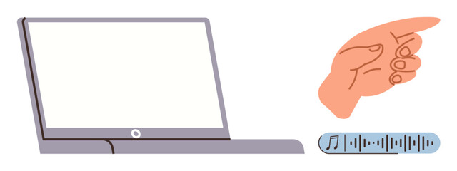 Hand points to an open laptop with a blank screen and an audio player showing soundwaves. Ideal for technology, digital communication, online learning, virtual meeting, creativity, collaboration