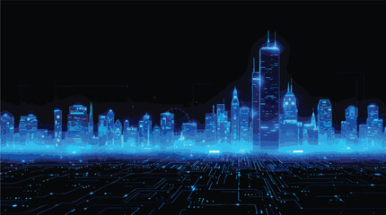 Futuristic Blue Neon Cityscape with Digital Circuitry Pattern Background vector illustration.