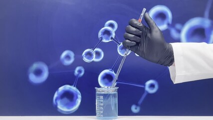 Scientist hand in black nitrile glove inserting glass graduated pipette into blue chemical solution in glass beaker, filling and emptying pipette during laboratory experiment for scientific research a - Powered by Adobe