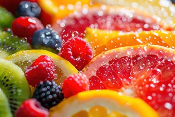 Vibrant assortment of fresh fruits splashing in water, showcasing colors and textures