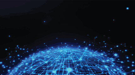 Glowing blue digital globe network with interconnected nodes on a black background vector illustration.