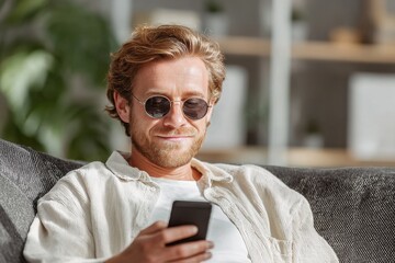 Young man in sunglasses relaxing on a sofa, using a smartphone in a modern living room