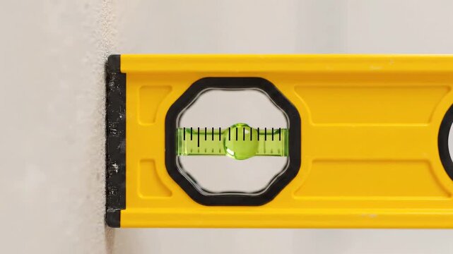 Close up of a yellow spirit level against a textured wall.