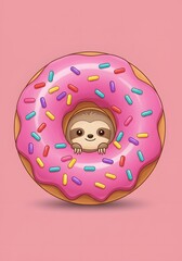 Cute Sloth Peeking Out of Pink Sprinkled Donut