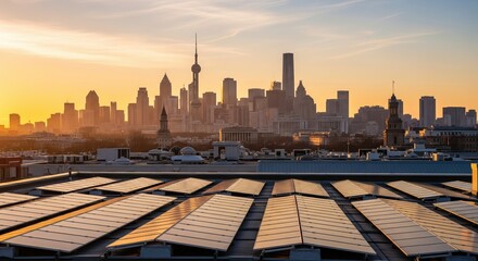 Wide-Angle Solar Panels & City Skyline at Golden Hour
