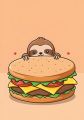 Cute Sloth Peeking Over a Giant Hamburger with Hearts