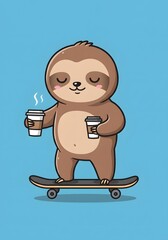 Cute Sloth Riding Skateboard Holding Coffee Cups Cartoon Illustration