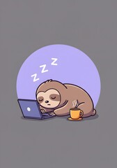 Cute Sloth Sleeping at Laptop with Coffee, Cartoon Illustration