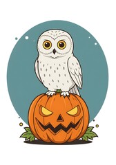 Cute Snowy Owl Sitting on a Spooky Jack-o'-lantern for Halloween