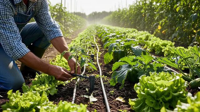 Medium shot of a gardener adjusting surface drip irrigation emitters watering rows of vegetables under sunny conditions