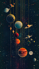 Cosmic Canvas: A vibrant depiction of celestial bodies suspended against a starlit backdrop, revealing the awe-inspiring beauty of the universe.