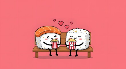 Cute Sushi and Rice Balls Couple Sharing Popcorn on a Bench with Hearts
