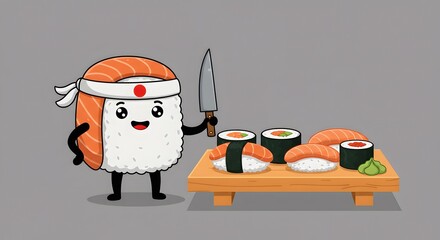 Cute Sushi Character Holding Knife with Salmon Nigiri and Maki Rolls
