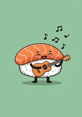 Cute Sushi Character Playing Guitar and Singing with Music Notes