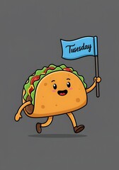Cute Taco Character Walking with 'Tusnesday' Flag