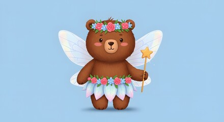 Cute Teddy Bear Fairy with Star Wand and Flower Crown