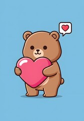 Cute Teddy Bear Holding a Pink Heart with a Love Icon in a Speech Bubble