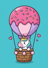 Cute Unicorn Flying in a Donut Hot Air Balloon