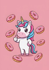 Cute Unicorn Giving Thumbs Up Surrounded by Pink Frosted Donuts