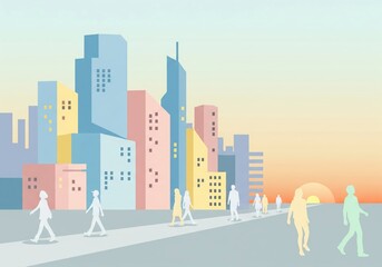 Modern City Skyline with Walking People