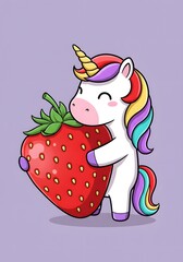 Cute Unicorn Hugging Giant Strawberry Cartoon