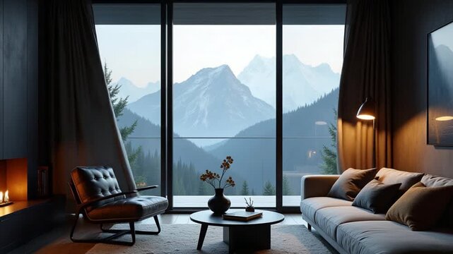 Cozy Modern Living Room with Mountain View. Interior of a dark minimalist living room featuring a scenic mountain view through glass doors, stylish decor, and a balcony.