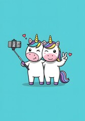 Cute Unicorns Taking a Selfie with Hearts and Peace Sign
