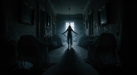 Eerie Ghost in Abandoned Mansion Hallway