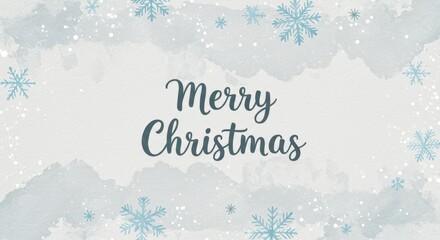 A wintery greeting featuring the words "Merry Christmas" against a backdrop of delicate, light gray watercolor washes and scattered snowflakes.