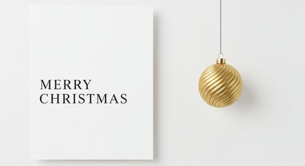 A minimalist Christmas card featuring a golden ornament against a white background.