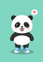 Cute Winking Panda with Heart Icon and Blue Sneakers, Vector Illustration