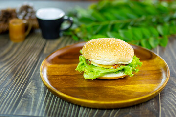 My breakfast a hamburger lettuce and egg is vegetarian a healthy food. 